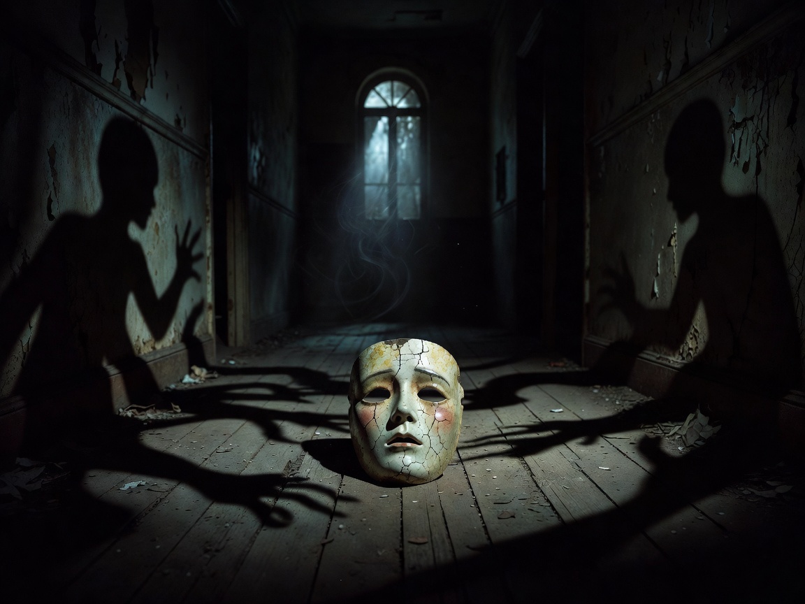 Cinematic antique mask and shadows representing Spanish supernatural horror film El Orfanato