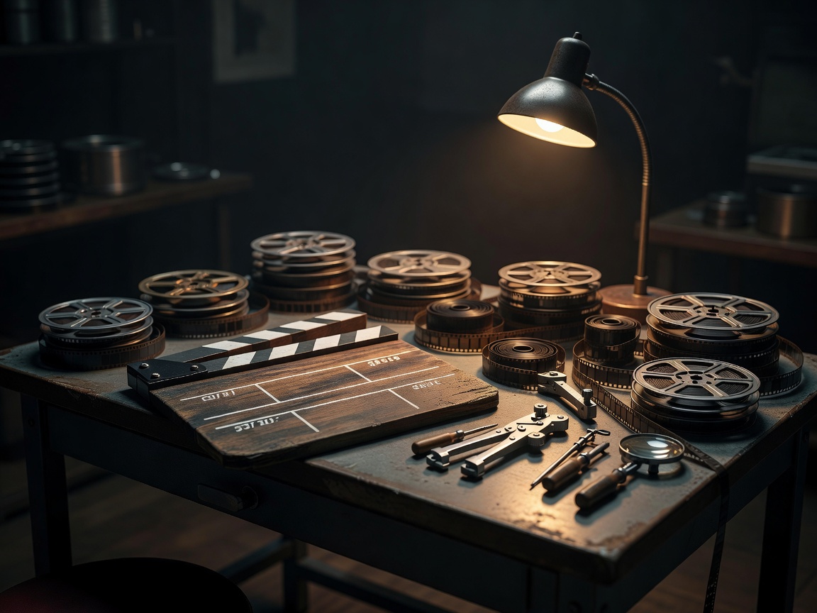 Cinematic director clapperboard and editing table