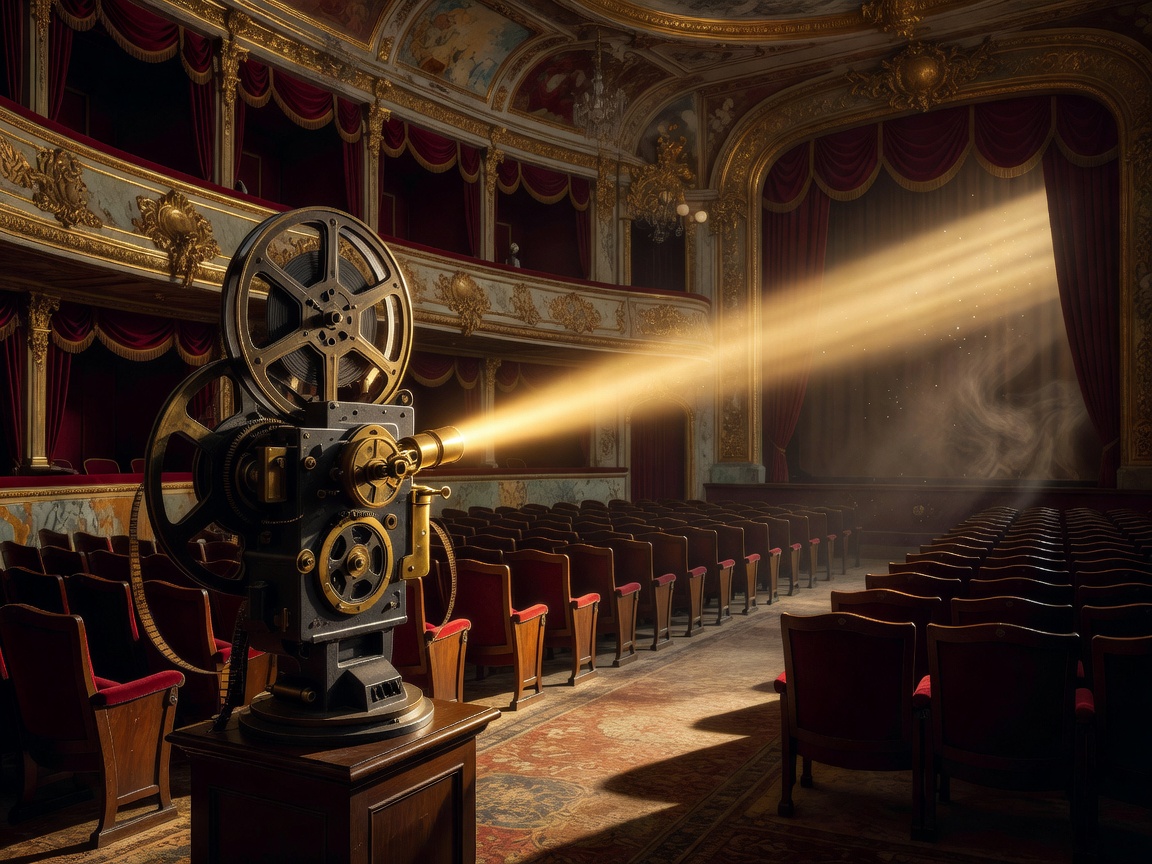 Cinematic film projector reel casting Mediterranean warm golden light in a historic theater