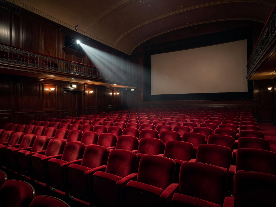 Cinematic Spanish cinema theater auditorium with velvet seating and projector light