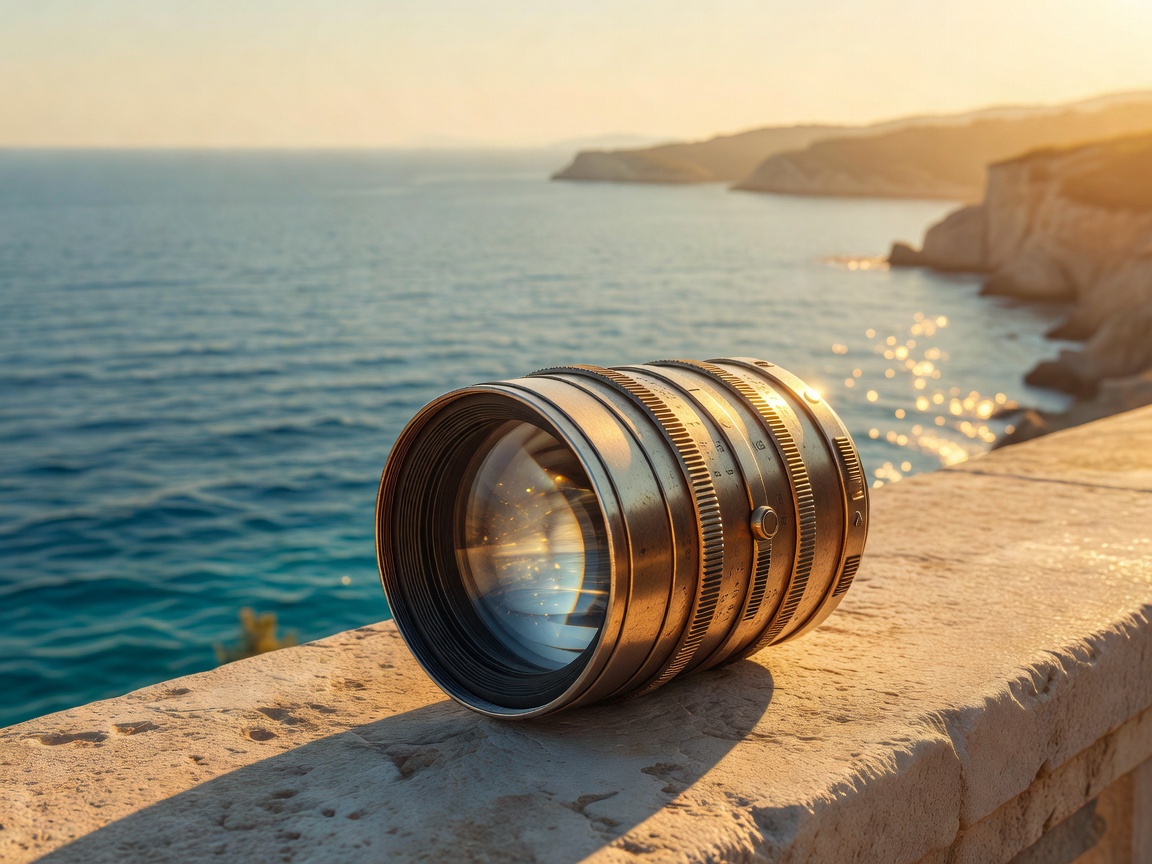 Cinematic vintage camera lens and gold Mediterranean lighting